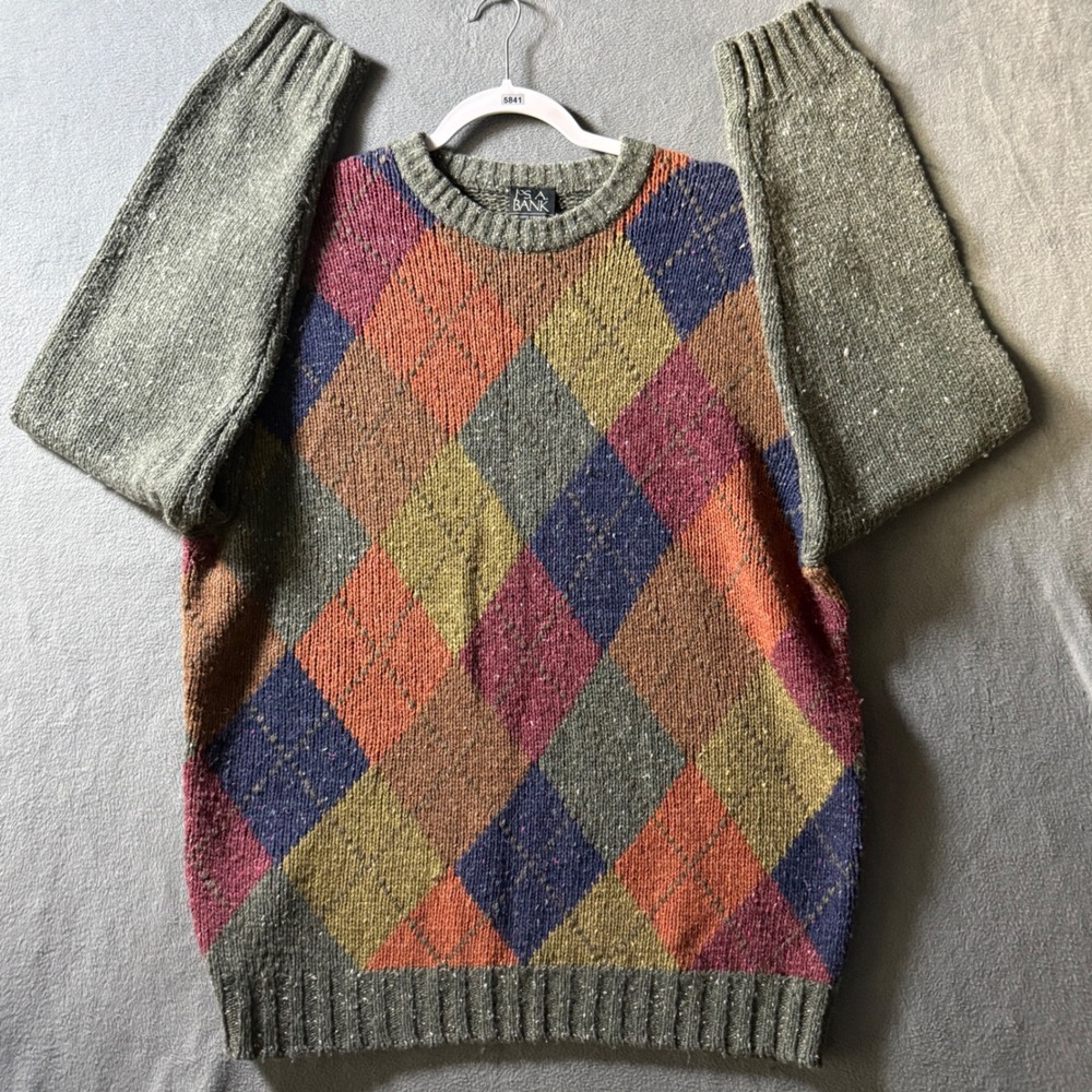 Jos A Bank Mens Large Argyle Lambswool Blend Sweater Olive Green Donegal Knit